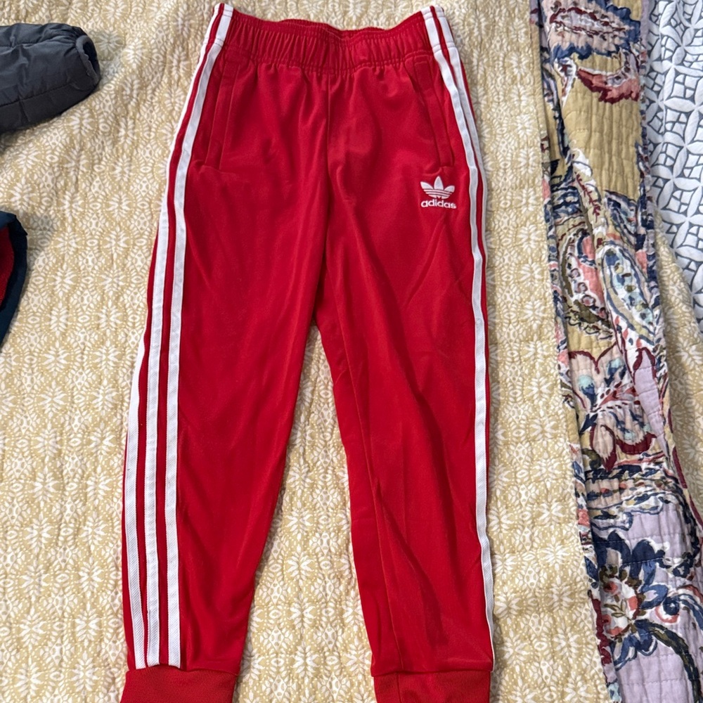 Adidas Kids Red Joggers with White Stripes